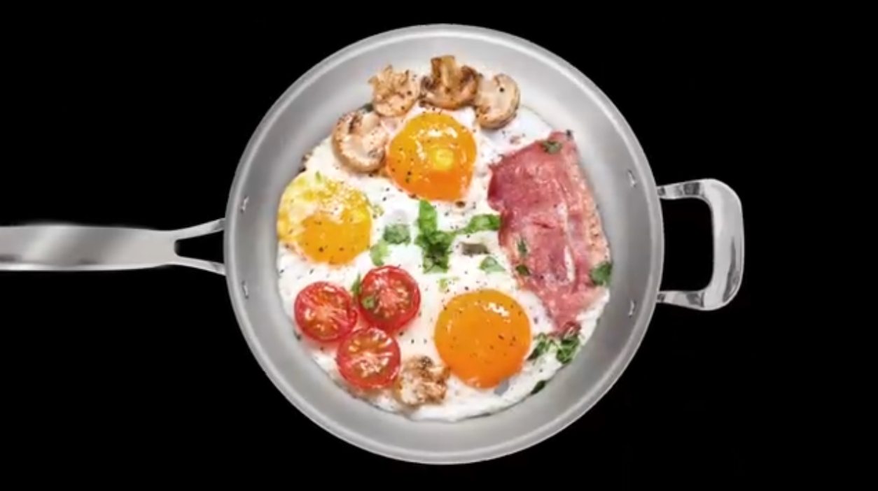 Healthy breakfast with eggs and bacon cooked in a NuWave stainless steel pan