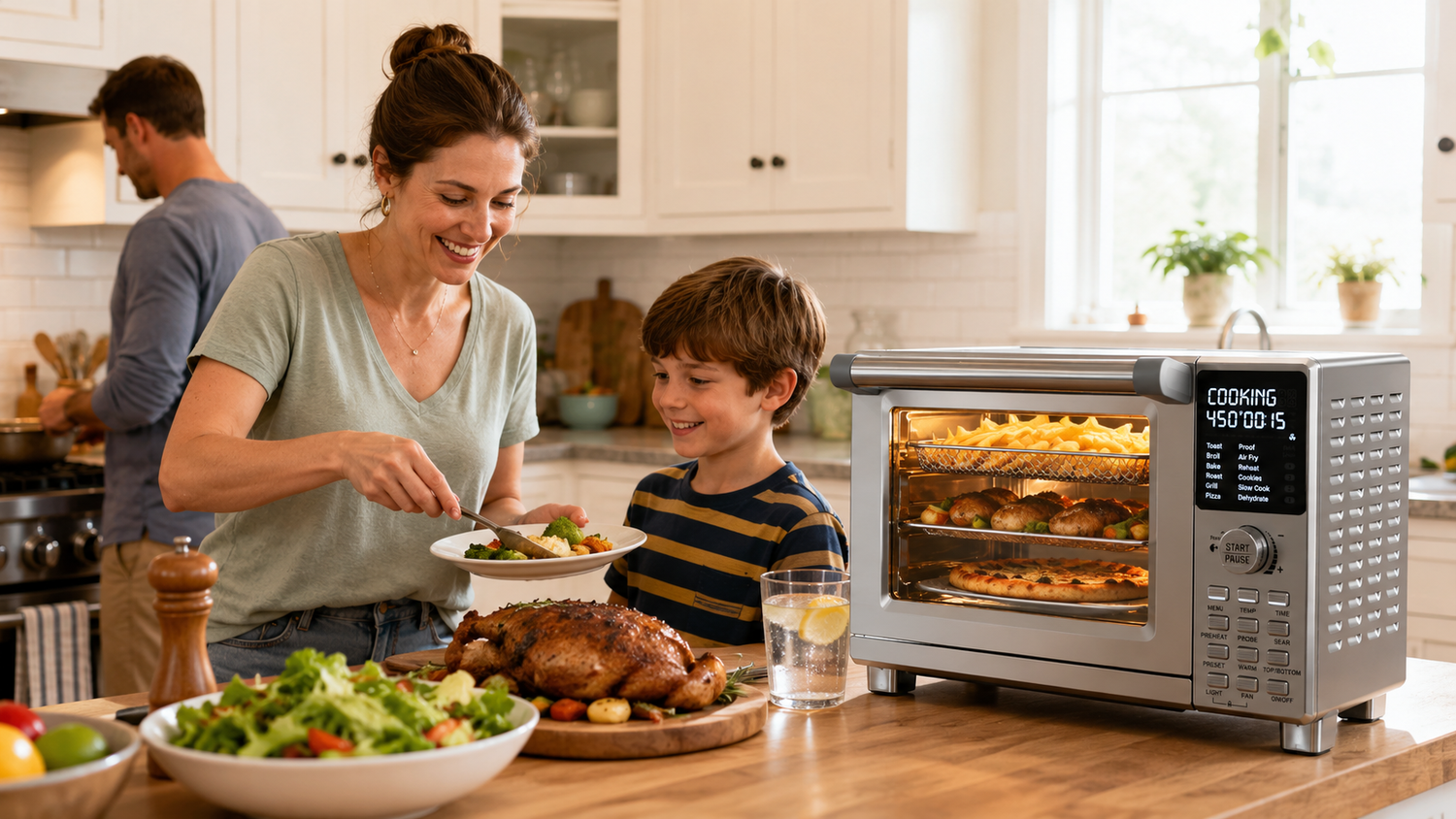 Modern air fryer toaster oven combo in a bright family kitchen, showcasing versatile cooking for everyday meals.