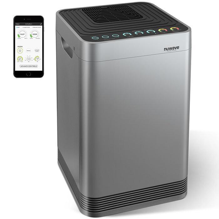 NuWave smart air purifier in sleek silver with advanced controls for optimal air quality.