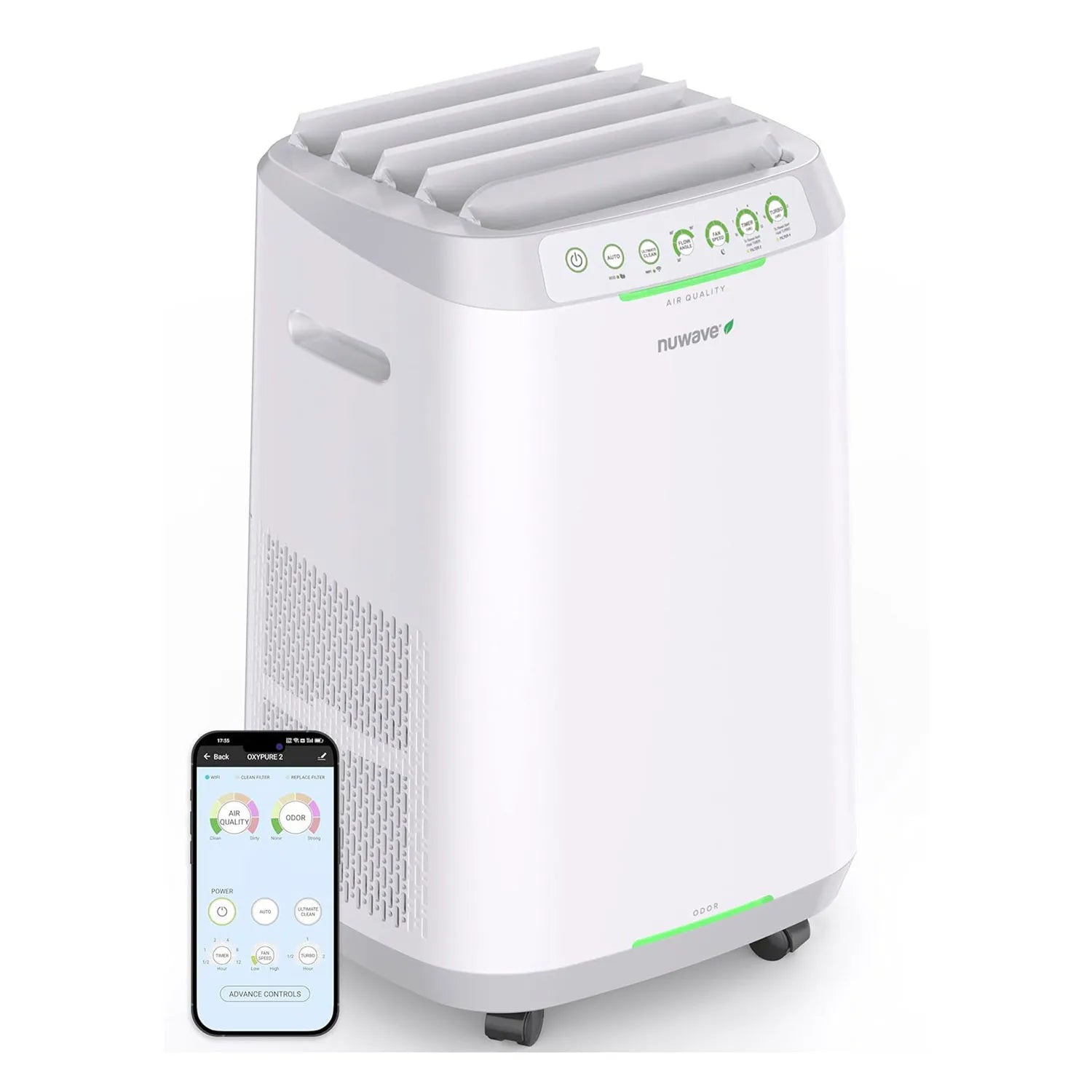Nuwave portable air purifier in white with smart controls and mobile app connectivity for enhanced air quality.