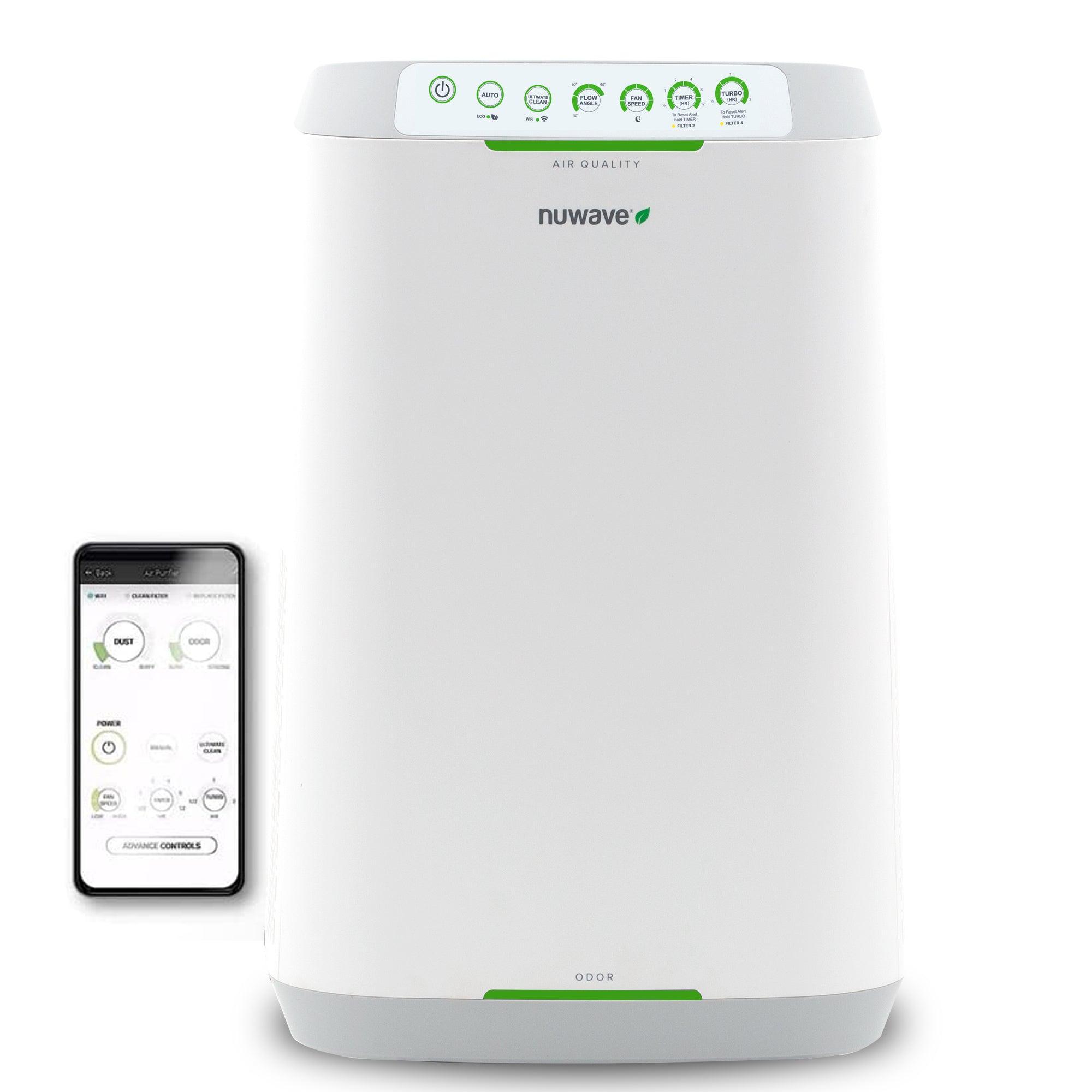 NuWave air purifier in white with smart controls, odor elimination, and adjustable fan settings.