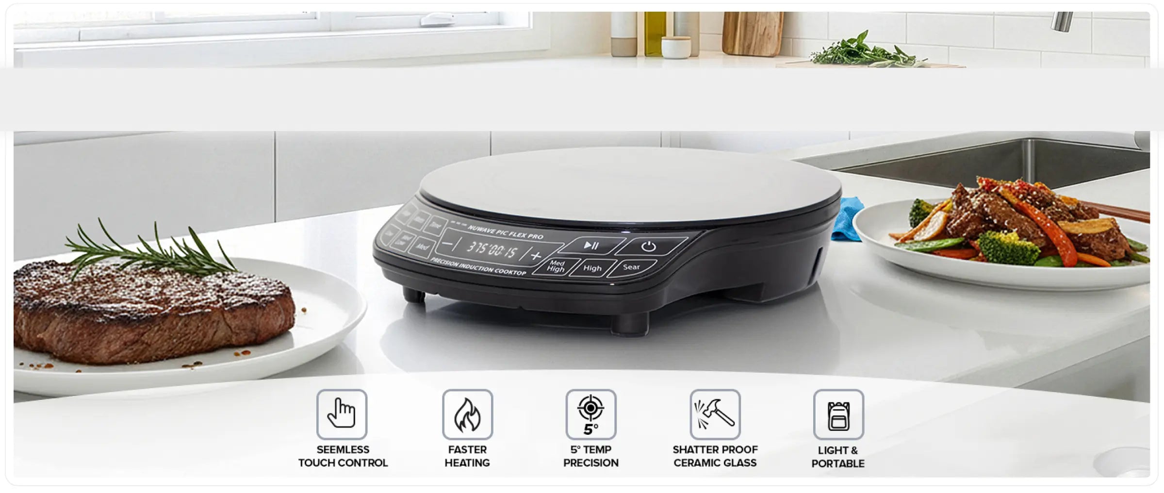 Flex Pro induction cooktop featuring seamless touch controls, shatter-proof ceramic glass, and a lightweight, portable design with 5°F temperature precision.