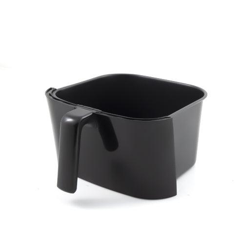 Black plastic measuring cup with a sturdy handle and square design for easy pouring.