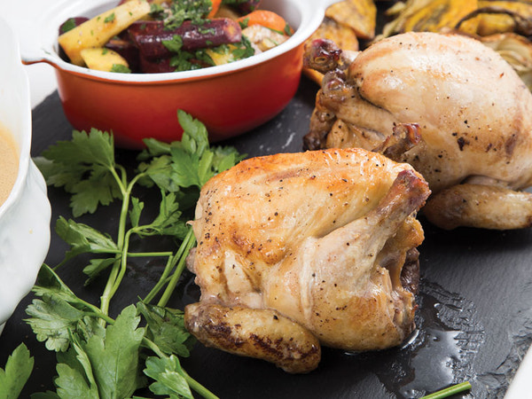 Roasted Game Hens with Roasted Carrots and Caraway