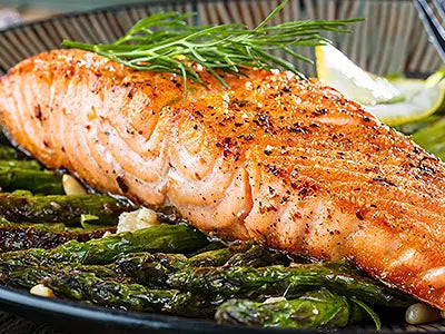 Broiled Salmon Steaks with Mustard Sauce and Asparagus