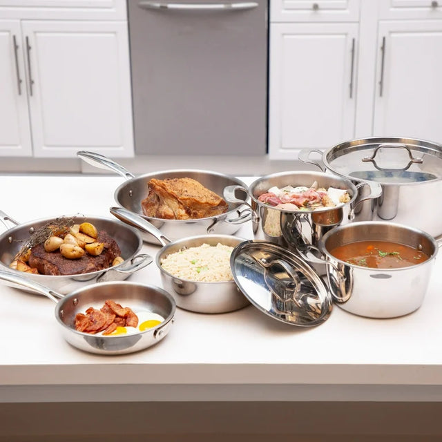 Various foods cooked using NuWave and stainless steel cookware