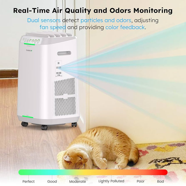 A cat sleeping soundly with Nuwave Air Purifier On
