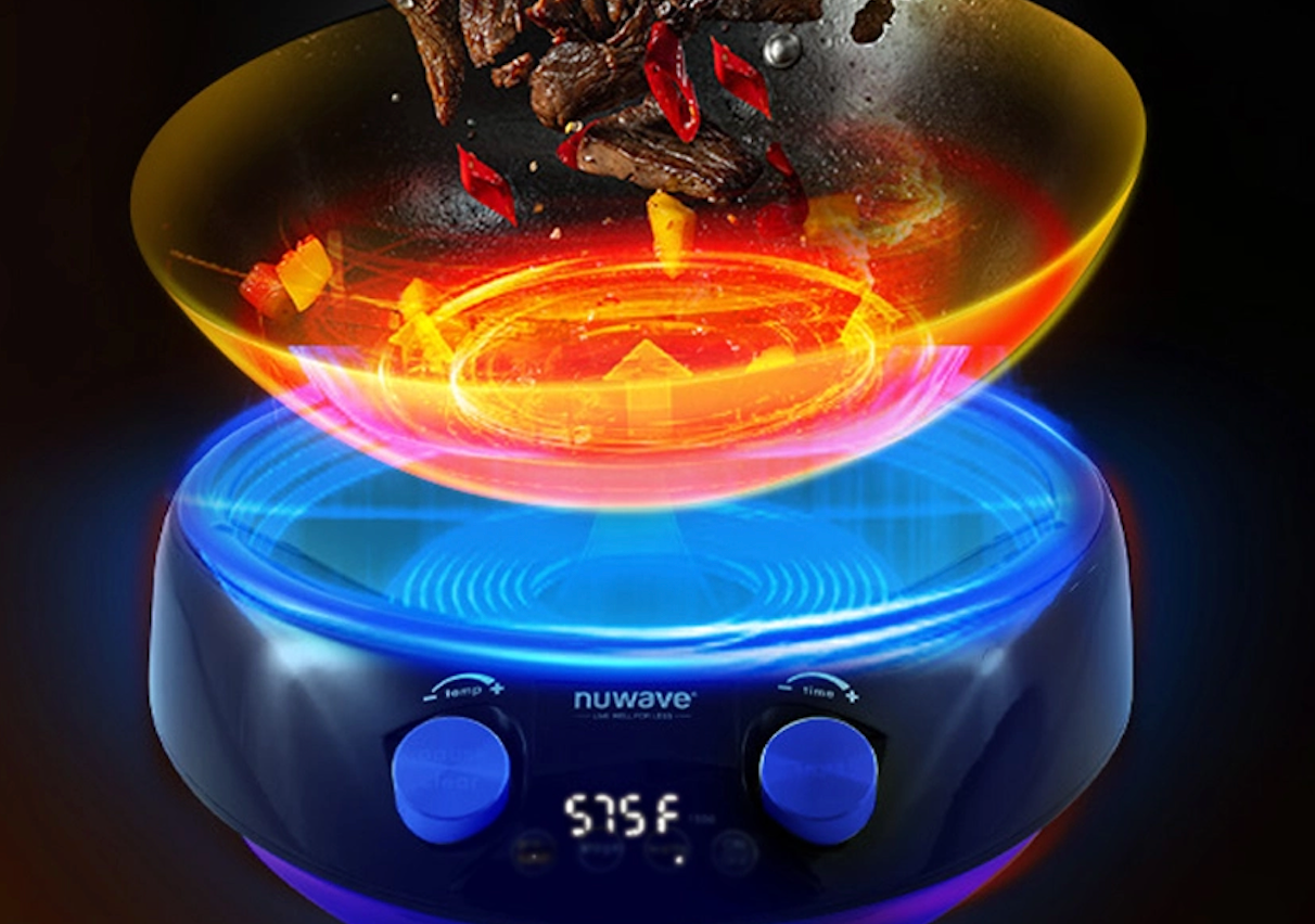 NuWave Mosaic Induction Wok with vibrant heating display and precise temperature control at 575°F