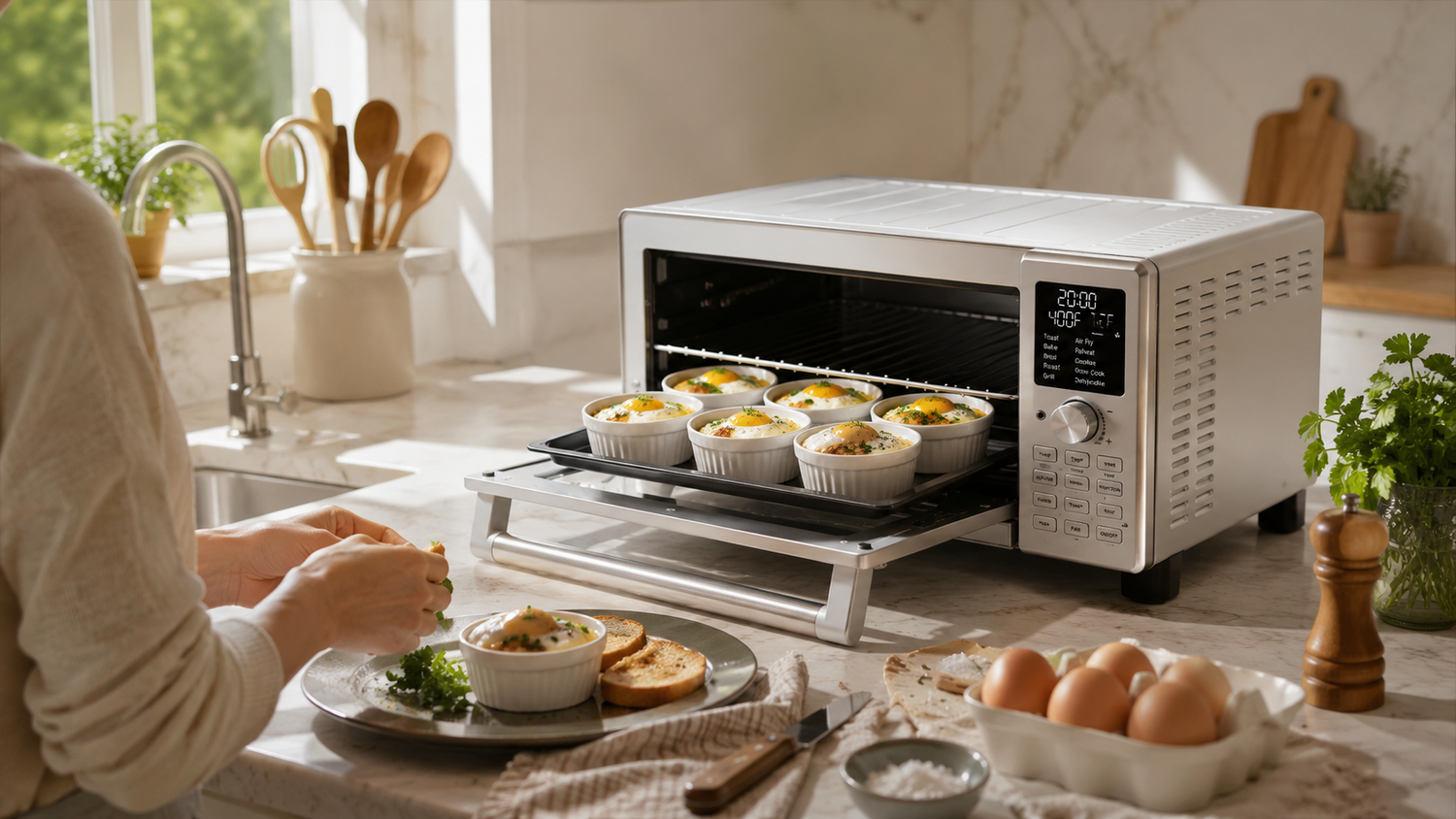 Freshly baked eggs in ramekins inside NuWave XL Pro countertop toaster oven.