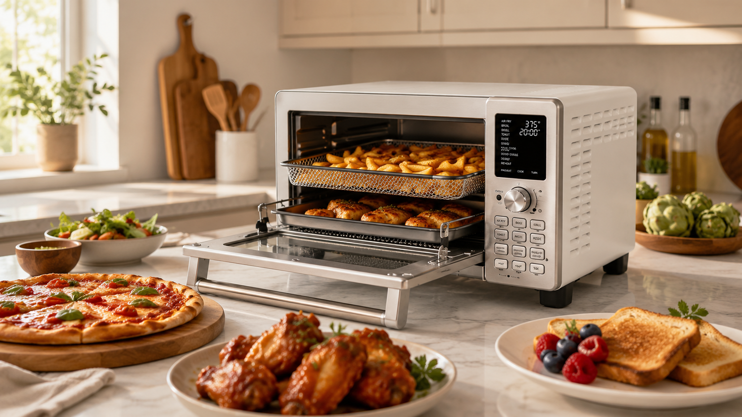 The Bravo 12-in-1 Smart Oven sits in a modern American kitchen surrounded by pizza, chicken wings, French fries, and toast, showcasing its versatility for everyday cooking.