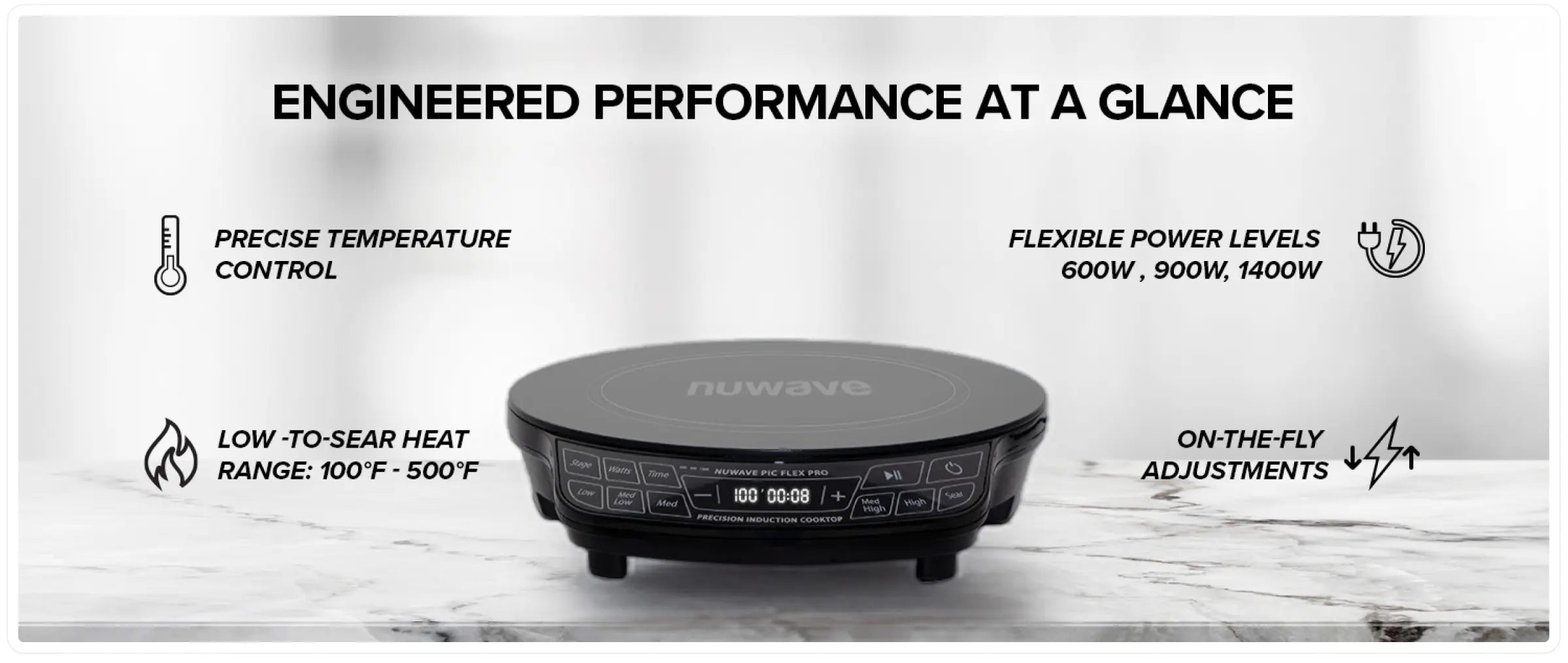 Flex Pro induction specs: 600W/900W/1400W power levels and 100°F–500°F range with on-the-fly adjustments.